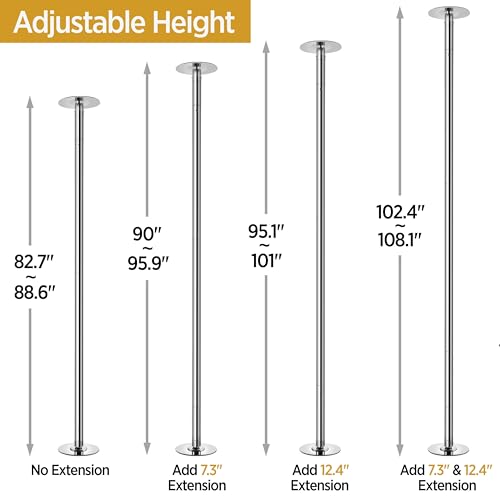 Yaheetech Dance Pole Portable Dancing Pole Height Adjustable 6.9ft-9ft Static Spinning Pole for Apartment, Silver/Argent