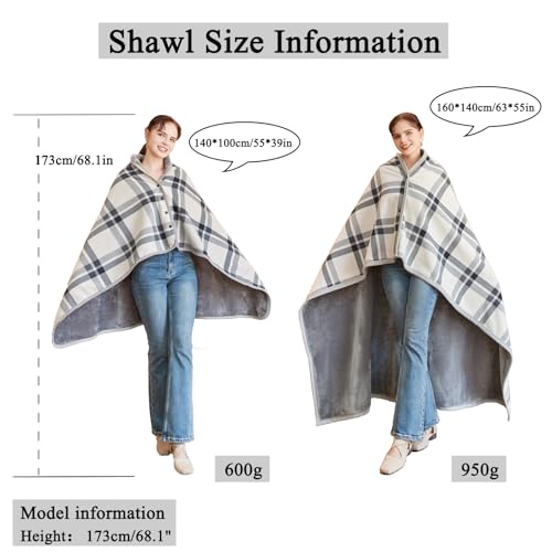 forestfish Fleece Wearable Blanket, Plaid Lap Blanket Comfy Poncho Throw with Buttons for Bed Sofa Office, Grey-White
