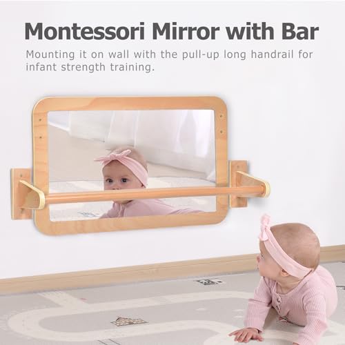 Bolocon Montessori Baby 2-in-1 Shatterproof Safety Mirror with Pull-Up Bar - Infant Wall Mount & Floor Play for Tummy Time...