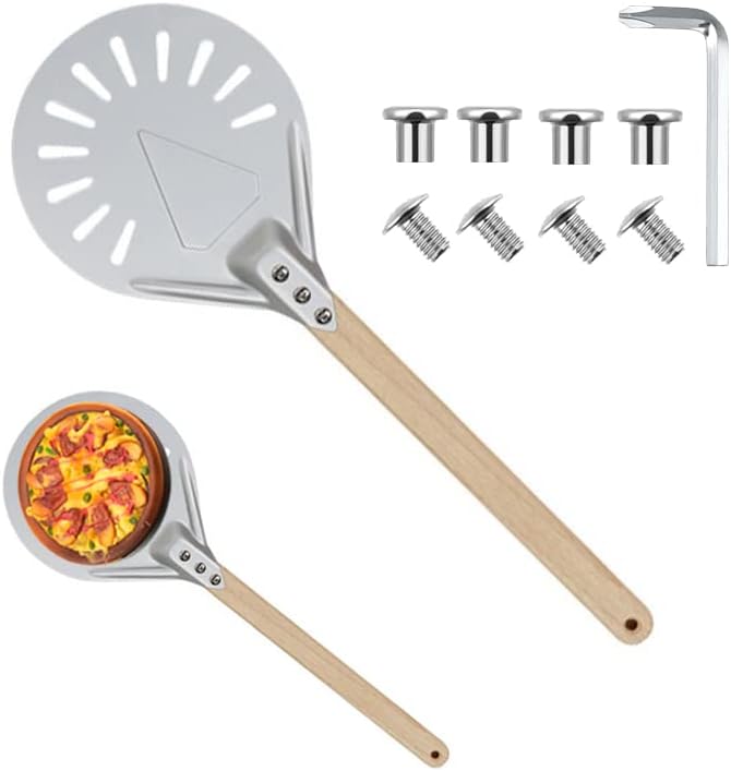 BetterJonny Round Perforated Pizza Peel with Detachable Wood Handle, Aluminum Turning Peel Pizza Paddle Metal Non-slip Perforated Pizza Paddle for Baking（7inch）