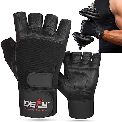 DEFY Padded Weight Lifting Gloves with 13" Long Wrist Wrap Genuine Leather Gym Gloves for Power Lifting, Cross Training, W...