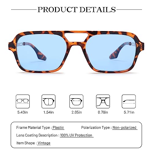 COASION Vintage 70s Flat Aviator Small Frame Sunglasses for Women Men Square Metal Design UV400 Protection Shades