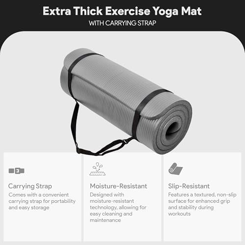BalanceFrom 71x24 Inches Extra Thick Yoga Mat 1-Inch High-Density Foam – Roll-Up Exercise Pad with Double-Sided Non-Slip S...