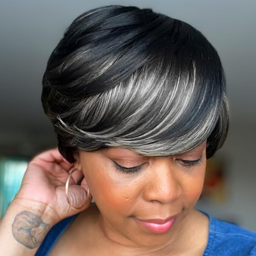 ToyoTress Short Pixie Cut Wigs - 4 Inch Black With White Bangs Short Layered Wig For Black Women, Light Yaki Straight Daily Cost