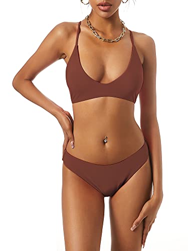 ZAFUL Women's Tie Back Padded High Cut Bralette Bikini Set Two Piece Swimsuit