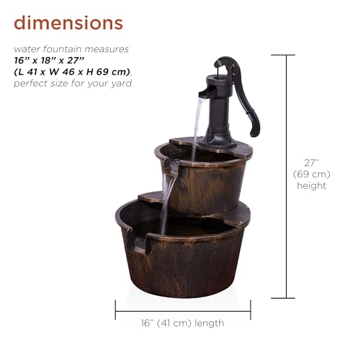 Alpine Corporation 27" Tall Rustic Outdoor 2-Tier Barrel Pump Water Fountain with Soothing Cascading Water Flow for Patio,...