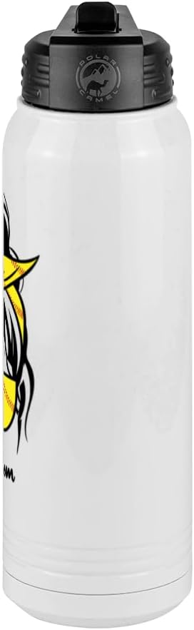 Softball Mom Water Bottle, Messy Bun, White 30 oz Polar Camel with Straw Lid, Stainless Steel, Vacuum Insulated