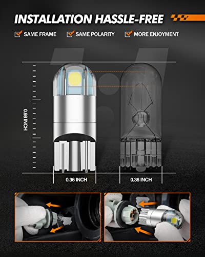 SEALIGHT 194 LED Bulb 6000K White, License Plate Light, Dome Light, T10 168 2825 W5W 3030 Bright Chips Wedge for Replaceme...