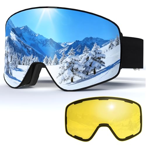 SKi Goggles,Frameless Snowboard Goggles with 2 UV400 Magnet Ski Lenses,YH212 Anti-Fog Snow Goggles for Adult Men Women