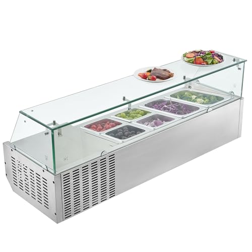 VEVOR Refrigerated Condiment Prep Station, 130 W Countertop Refrigerated Condiment Station, with Two 1/3 Pans & Four 1/6 Pans, 304 Stainless Body and PC Lid, Sandwich Prep Table with Glass Guard