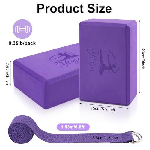 2 Yoga Block and 2 Yoga Strap Set,Non-slip EVA Foam Blocks, High Density Yoga Bricks with 6ft Strap, Supportive Latex-Free...
