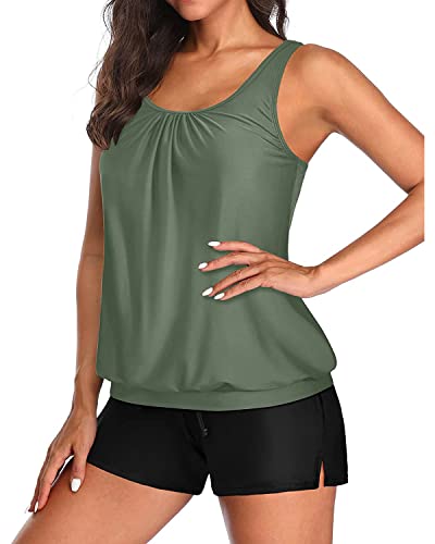 Aqua Eve Two Piece Women's Tankini Swimsuits Blouson Swim Tank Top with Shorts Modest Bathing Suits