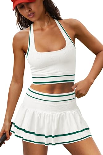 ReachMe Womens Two Piece Tennis Skirt Set 2 Piece Golf Outfits Halter Top and Mini Skorts Matching Workout Sets