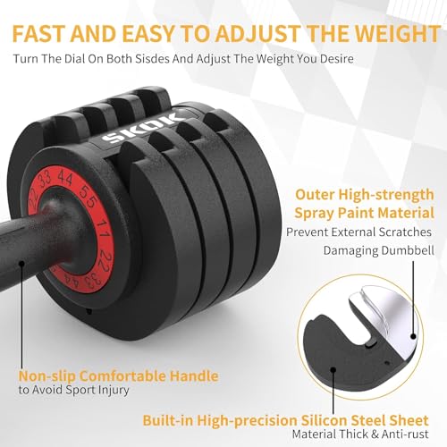 SKOK 55LB Adjustable Dumbbell Weight for Men and Women with Anti-Slip Fast Adjust Weight by Turning Handle,Black Dumbbell ...