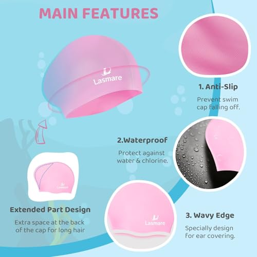 Kids Long Hair Swim Cap for Girls Boys, 3 Size Silicone Swimming Cap for Age 1-15 Toddler Children Teens, Waterproof Swim ...