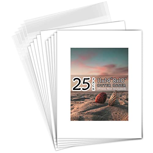 Golden State Art, Acid Free, Pack of 25, 11x14 White Picture Mats Mattes with White Core Bevel Cut for 8x10 Photo + Backin...