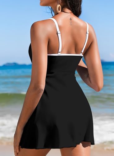 Aleumdr Women's One Piece Swimsuit Floral Print Whip Stitch Tummy Control Swimdress Skirt Bathing Suit with Pocket