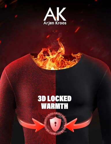 Arjen Kroos Thermal Underwear for Men, Fleece Lined Top and Bottom Set, Long Johns Thermal Set Base Layer