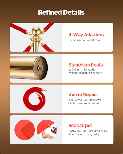 VEVOR Stanchions and Velvet Ropes 6Pcs, Hollow Base with Stainless Steel Post & 26.25ft Carpet, 4 Red Velvet Ropes, Crowd ...