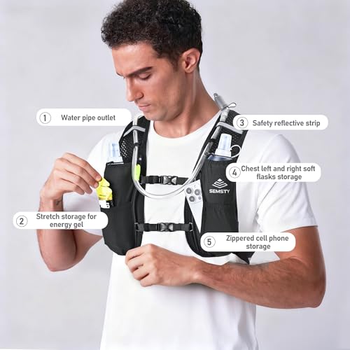 SEMSTY Running Vest for Women Men, 5L Hydration Vest with Dual 500ml Soft Flask, Lightweight Water Backpack, Adjustable Ch...
