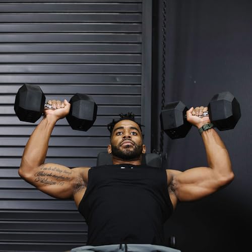 Titan Fitness Pair Rubber Coated Hex Dumbbells, Roll-Resistant Hexagonal Free Weights, Chrome-Coated Handles with Knurlin...