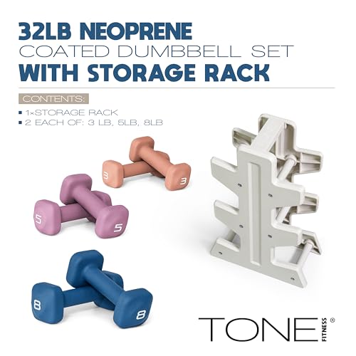 Tone Fitness Neoprene Dumbbell Set with Storage Rack – Non-Slip, Anti-Roll Hand Weights for Home Gym Workouts | 20 lb, 32 ...