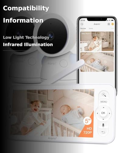 ARENTI Baby Monitor with 2 Cameras, 2K/3MP WiFi 6 Camera and Audio, 5-inch Wireless Screen, Smartphone App, Super Night Vision, Crying Detection, Auto Tracking, Temp&Humidity Sensor (D3 Set)
