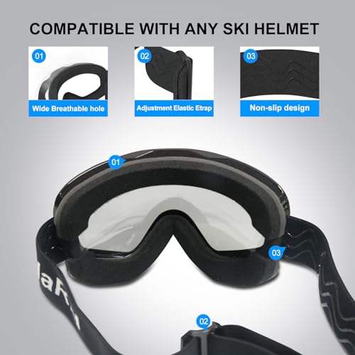 GlaRid Ski Goggles, OTG 100% UV Protection Anti Fog Snowboard/Ski Goggles for Men, Women & Youth