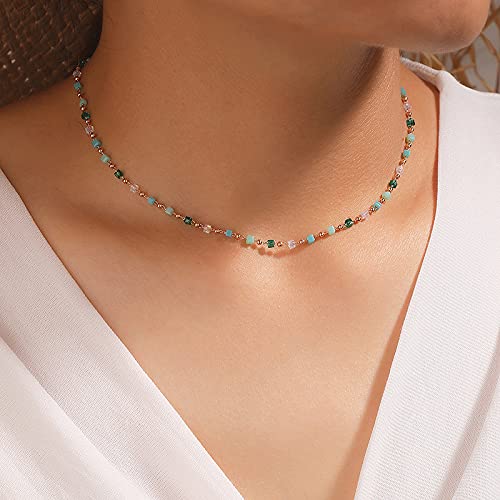 FUTIMELY Bohemia Green Beaded Beads Choker Necklace for Women,Simple Fresh Green Beaded Square Round Bead Choker Necklace Fashio