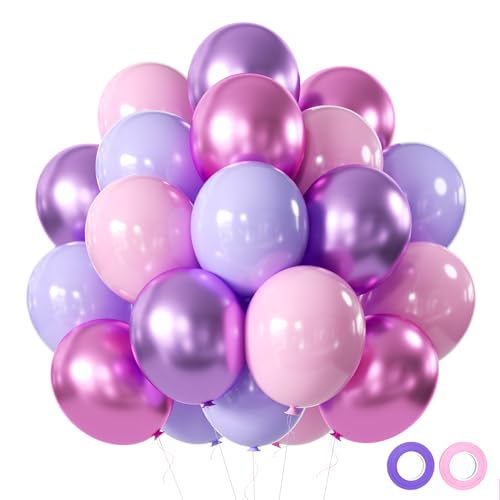 Pink and Purple Party Balloons, 50Pcs 12 Inch Purple Pink Balloons, Metallic Pink Purple Latex Balloons Birthday Party Bal...