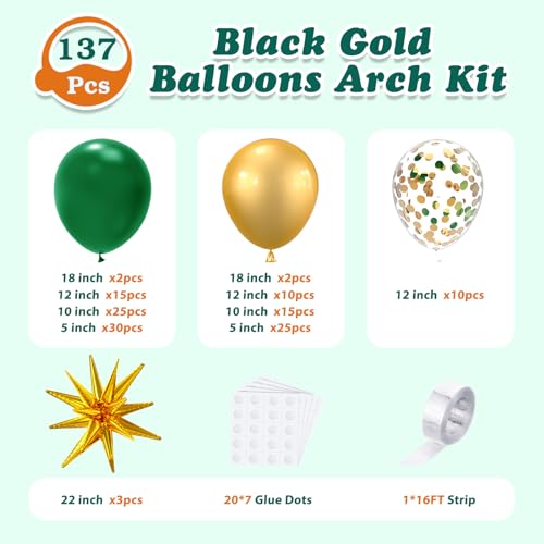 137Pcs Green and Gold Balloons Garland Arch Kit with Stars - 5 10 12 18 inch Dark Green Gold Confetti Latex Balloons for B...