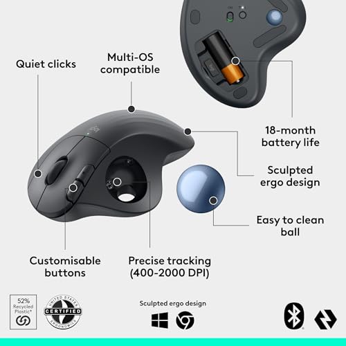 Logitech Ergo M575S Wireless Trackball Mouse, Wireless Ergonomic Mouse with Bluetooth and Encrypted Dongle, Comfortable Th...