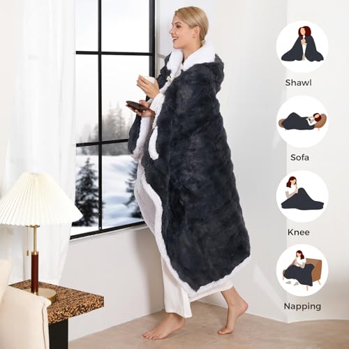 Wearable Heated Blanket Hoodie, Luxury Faux Fur & Sherpa Electric Throw Blanket, Heated Shawl Wraps Poncho with Pockets fo...