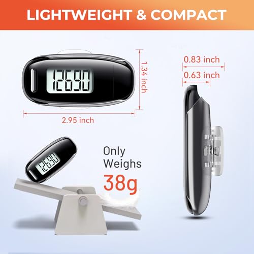 3D Pedometer for Walking, Simple Walking Step Counter with Removable Clip and Strap, USB Rechargeable Step Tracker with Ba...
