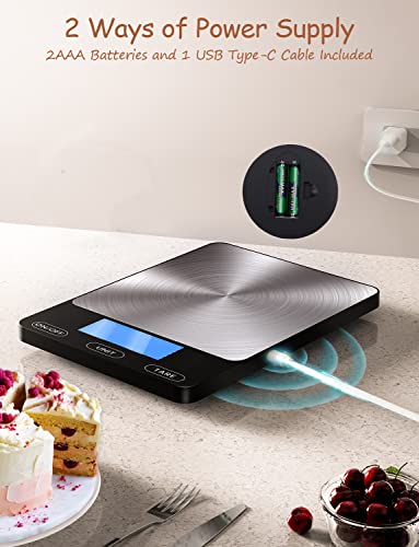 Food Scale -33lb Digital Kitchen Scale for Food Ounces Grams Rechargeable 304 Stainless Steel,Batteries and Type-C Chargin...