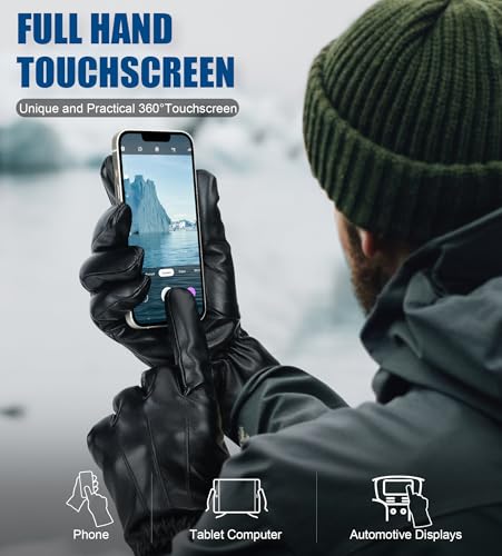 Aegend Leather Gloves for Men, Soft Warm Lining Full Hand Touchscreen Winter Gift Thermal