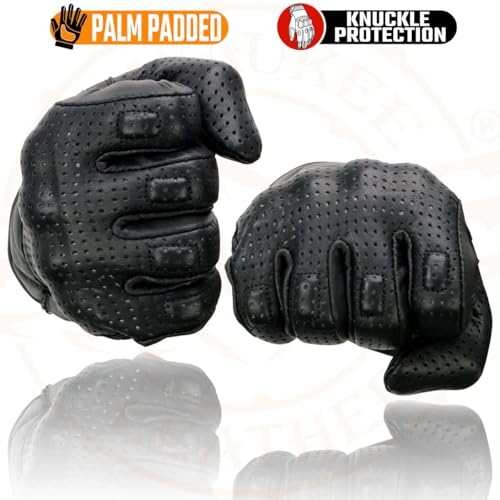 Milwaukee Leather MG7500 Men's Black Perforated Leather Gel Padded Palm Motorcycle Hand Gloves W/ 'Rubberized Hard Knuckl...