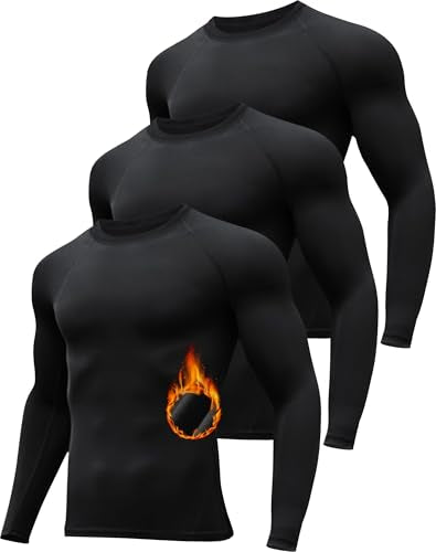 HovSiyla 3 Pack Men's Thermal Underwear Shirts Compression Fleece Lined Long Sleeve Athletic Base Layer Cold Weather
