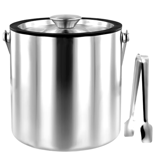 Abizarch Ice Bucket with Lid Strainer Tong,2QT Double Walled Stainless Steel Insulated Ice Bucket Container,Good Sealing I...
