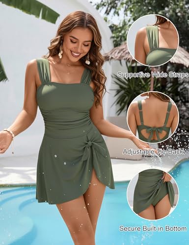 Blooming Jelly Womens One Piece Swim Dress Retro Tummy Control Modest Swimsuit Ruched Wide Strap Square Neck Bathing Suit