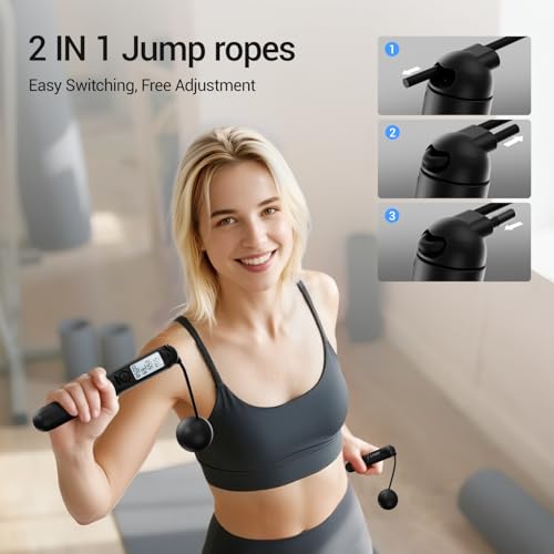 UMAY Weighted Cordless Jump Rope, Adjustable Length Ropes Ropeless with LCD Counter Display for Women Kids, Smart Skipping...