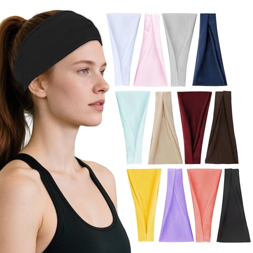 Headbands for Women, 12PCS Wide Stretchy Sports Hair Bands, Elastic Soft Fashion Head Bands, Non-Slip Running Sweatbands f...