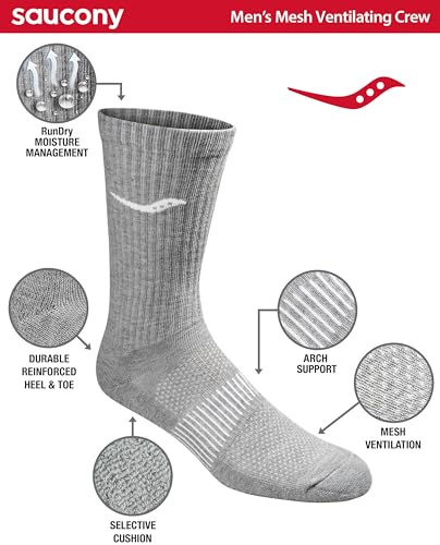 Saucony Men's RunDry Mesh Ventilating Comfort Fit Performance Crew Socks, Available in L-XL (3, 6, 12 Pairs)