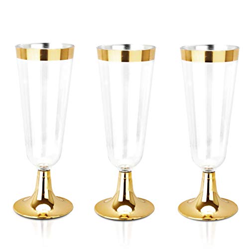 bUCLA 100 Pack Gold Plastic Champagne Flutes - 5OZ Plastic Champagne Glasses With Gold Rim - Premium Quality Gold Disposab...