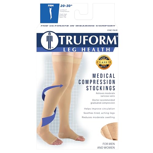 Truform 20-30 mmHg Compression Stockings for Men and Women, Thigh High Length, Dot-Top, Open Toe, Black, Large