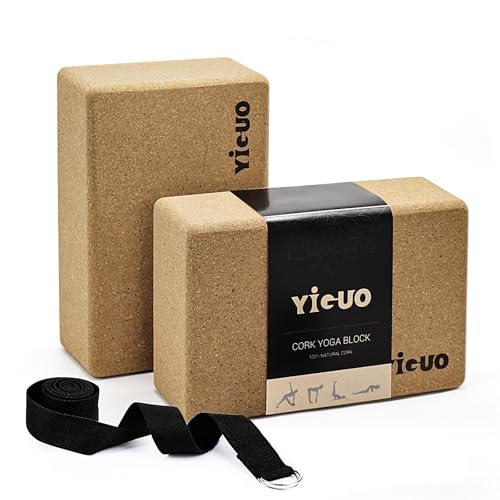 YIGUO Cork Yoga Blocks 2 Pack with Strap, High Density Soft Non-Slip Yoga Blocks, Eco-Friendly Yoga Accessories for Yoga, ...