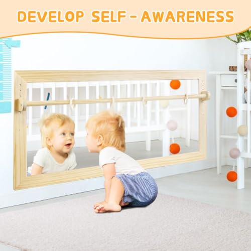 LAKNUAL Montessori Mirror with Bar, Adjustable Wood Baby Pull Up Bar, Floor & Wall Shatterproof Safety Infant Coordination...