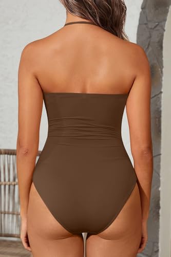 Holipick Women Tummy Control One Piece Swimsuits Strapless Bandeau Bathing Suits Slimming Halter Swimwear