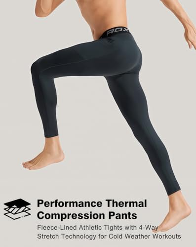 Roxdme Men Thermal Compression Pants Fleece Lined Tights Athletic Heated Leggings Cold Weather Baselayer Winter Gear Pockets