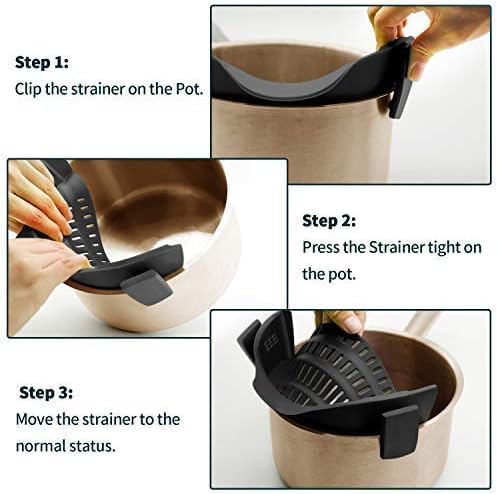 2PACK AUOON Clip on Strainer for All Pots Pans - Silicone Kitchen Colander Food Strainer for Pasta Meat Vegetable Fruits | Easy to Use and Store, Dishwasher Safe (BlackRed)